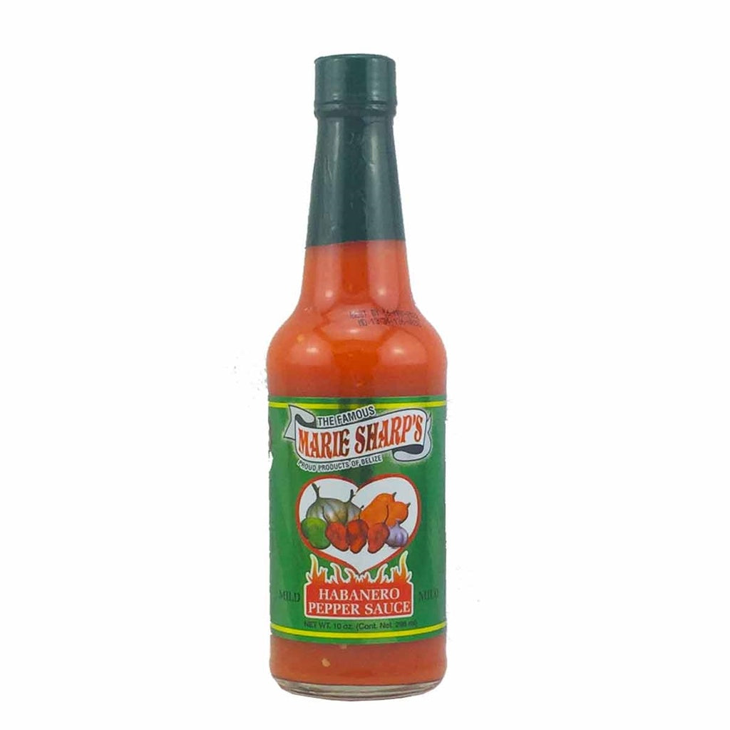 Marie Sharp’s Mild Habanero Pepper Sauce bottle with green label, Belize hot sauce made with red habanero peppers and carrots, 10 fl oz