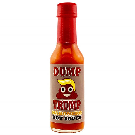 A bottle of Dump Trump Habanero Sauce with a terd with blond hair on the label.
