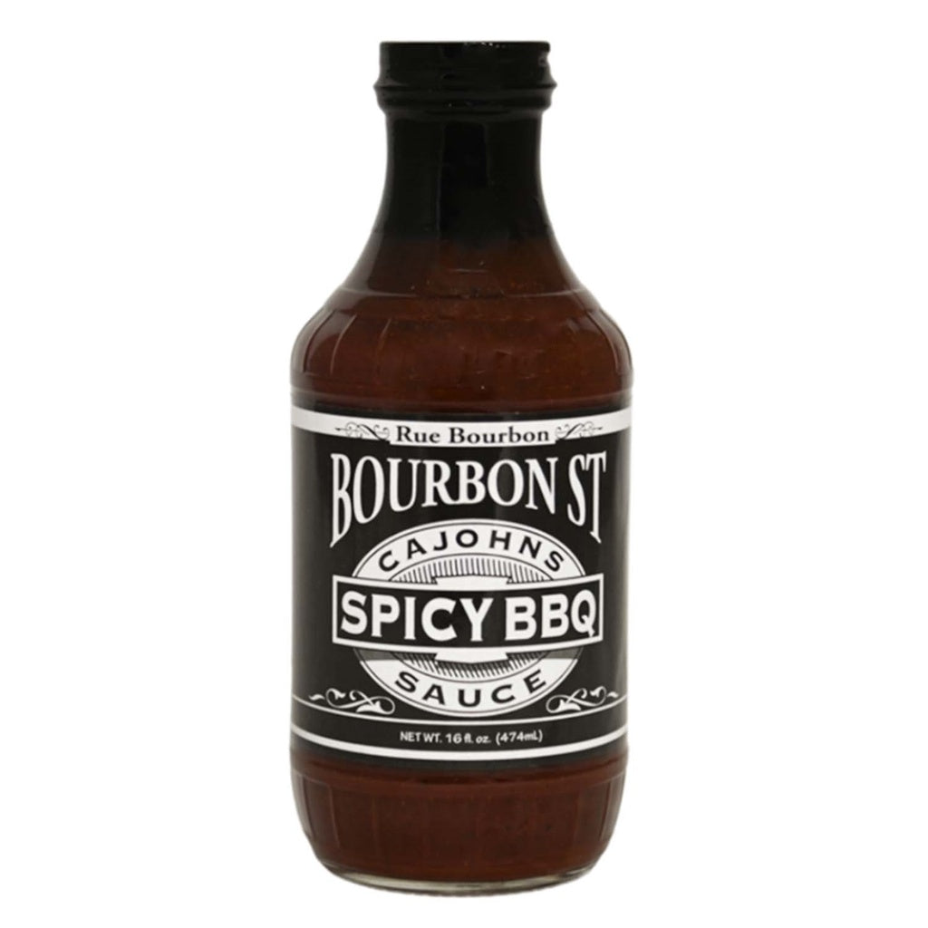 Bottle of Bourbon St. Cajohns Spicy BBQ Sauce on a white background
