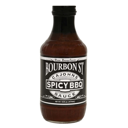 Bottle of Bourbon St. Cajohns Spicy BBQ Sauce on a white background