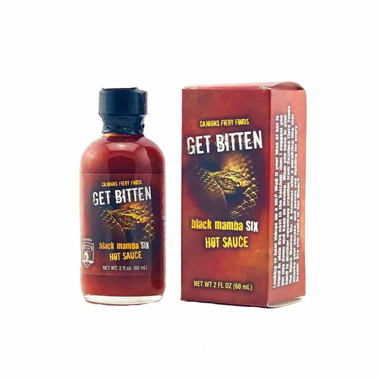 Hot sauce bottle and packaging labeled 'Get Bitten' on a white background