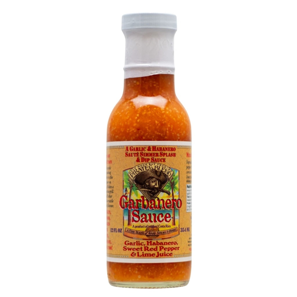 Pirates Blend Garbanero Sauce 12 fl oz bottle with garlic and habanero hot sauce label, UPC 751059900741