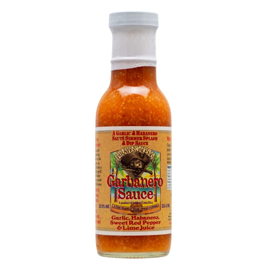 Pirates Blend Garbanero Sauce 12 fl oz bottle with garlic and habanero hot sauce label, UPC 751059900741