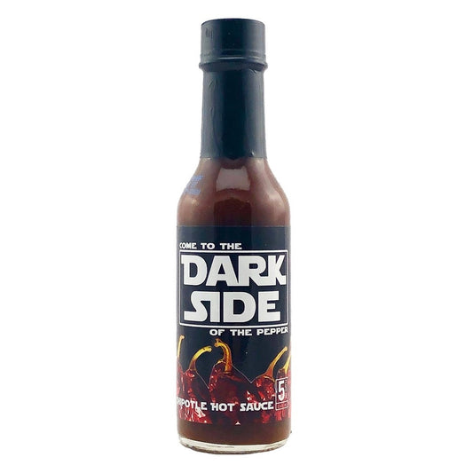 Bottle of hot sauce with a label reading 'Dark Side' on a white background