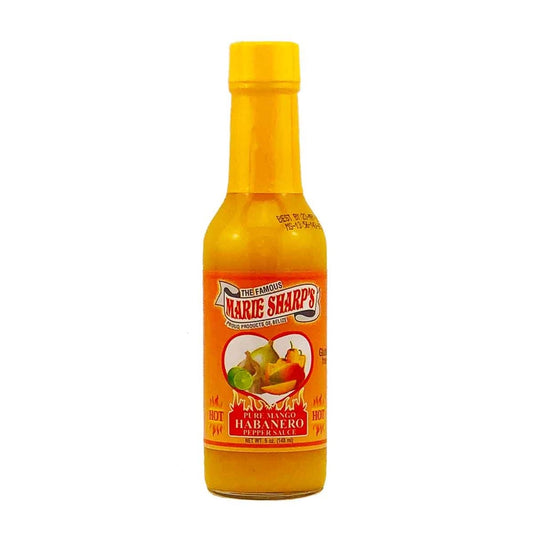 Marie Sharp’s Pure Mango Habanero Pepper Sauce bottle with mango and habanero label, Caribbean tropical hot sauce, 5 fl oz