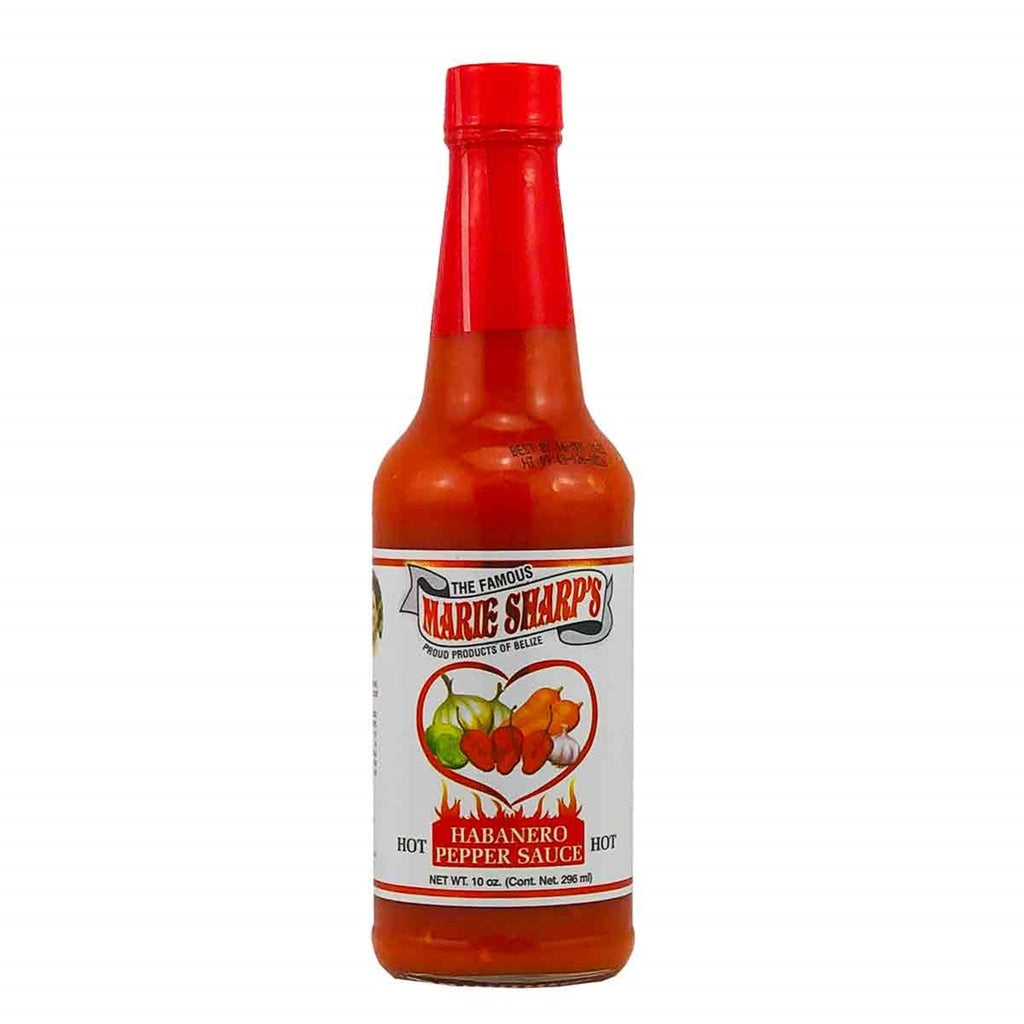 Marie Sharp’s Hot Habanero Hot Sauce bottle with red habanero and carrot label, carrot-based habanero hot sauce from Belize, 10 fl oz