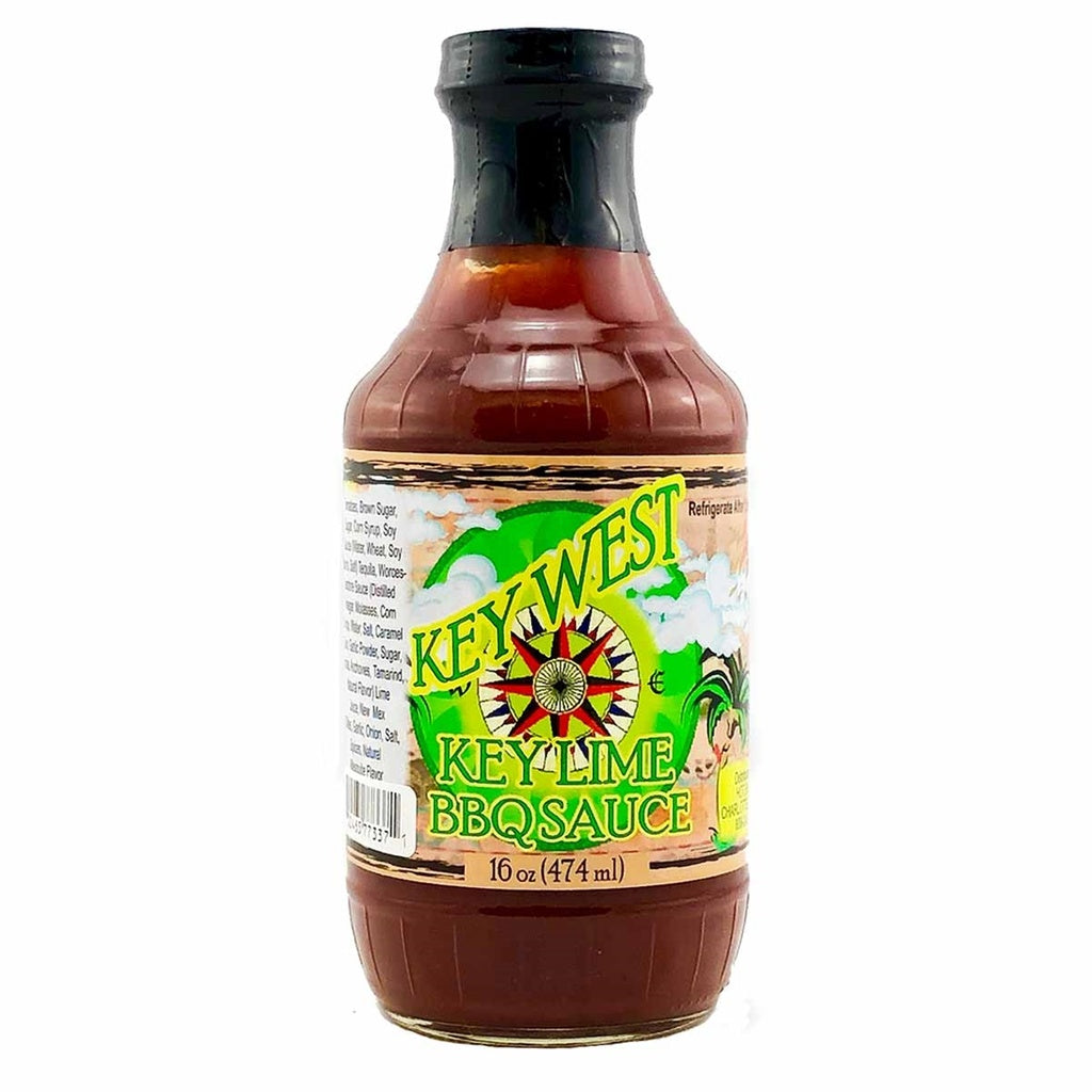 A glass bottle of Key West Key Lime Barbecue Sauce with a black cap and a colorful tropical label reading “Key Lime BBQ Sauce,” containing 16 fl oz. UPC 700465773371.