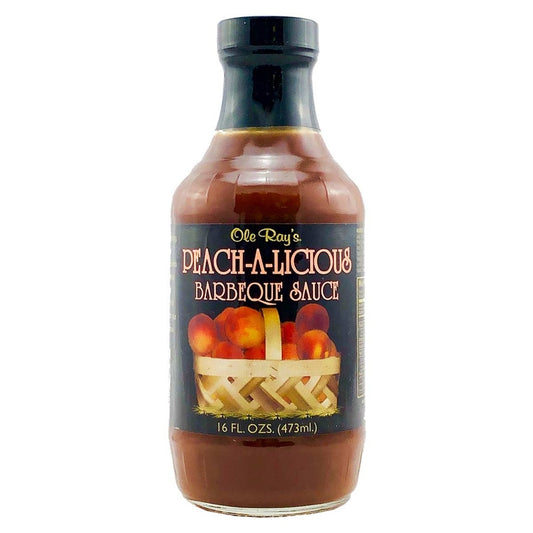Ole Ray’s Peach-A-Licious Barbecue Sauce bottle with peach label and Southern-style peach BBQ sauce, 16 fl oz