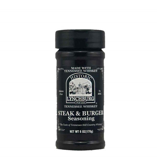 Black plastic shaker bottle of Historic Lynchburg Tennessee Whiskey Steak &amp; Burger Seasoning labeled 6 oz, featuring vintage black label with white text.