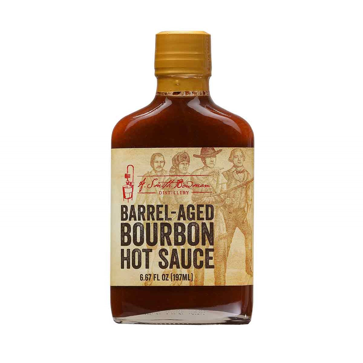 A bottle of A. Smith Bowman Distillery Barrel-Aged Bourbon Hot Sauce, featuring a rich and mature flavor profile.