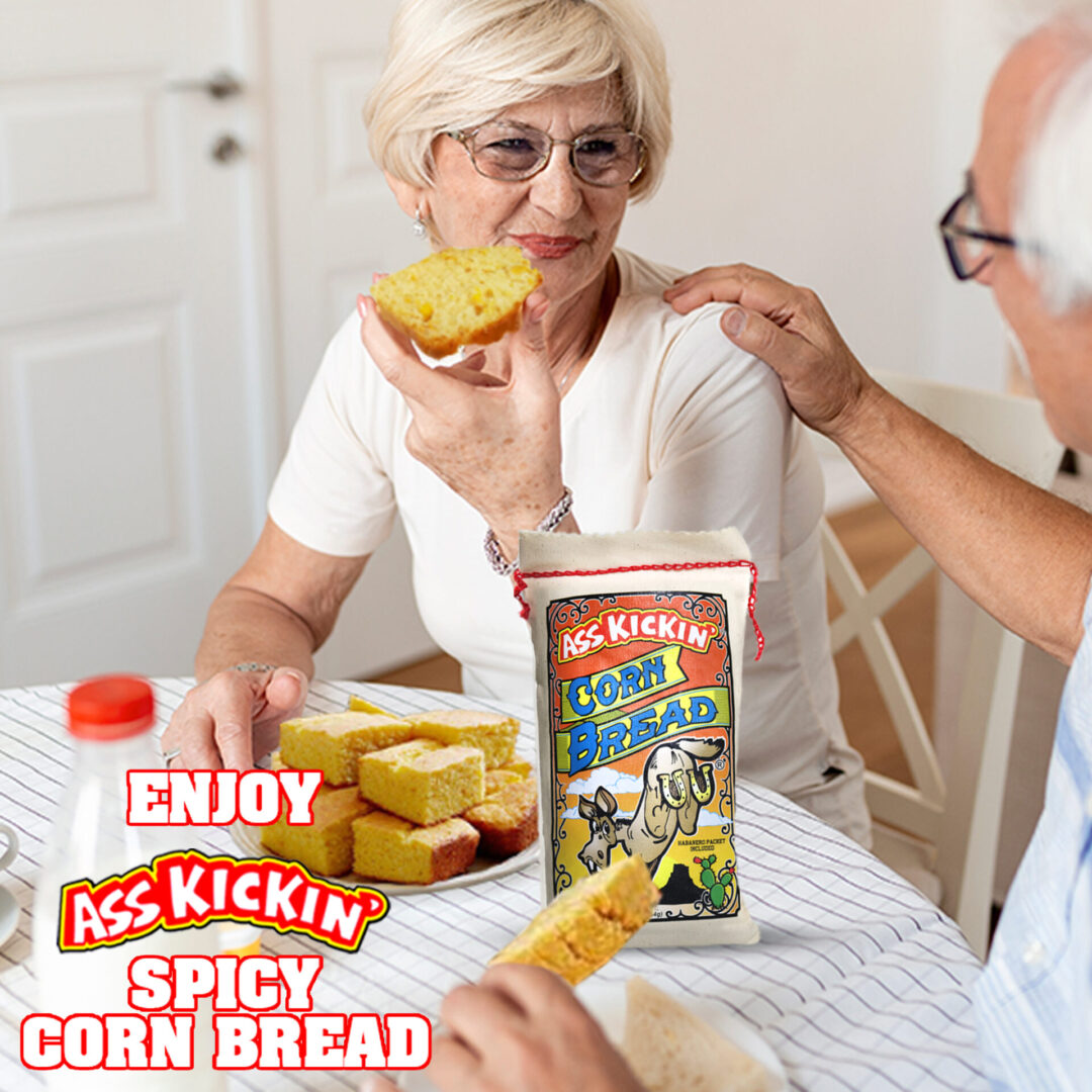 Ass Kickin' Corn Bread Mix, featuring Habanero, shown in a manufacturer lifestyle setting