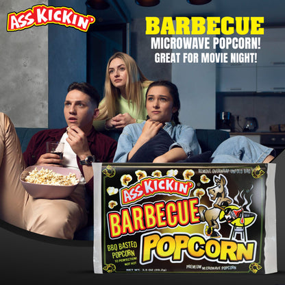 Ass Kickin Barbecue Popcorn package shown in front of a lifestyle scene of three people watching popcorn on a couch, with promotional text reading 'Barbecue Microwave Popcorn! Great for Movie Night!'.