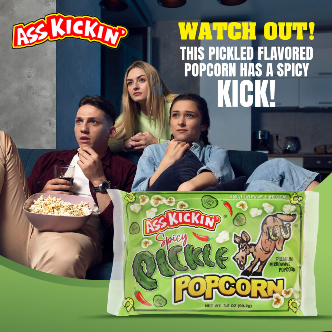 Ass Kickin' Spicy Pickle Popcorn, featuring Habanero, shown in a manufacturer lifestyle setting