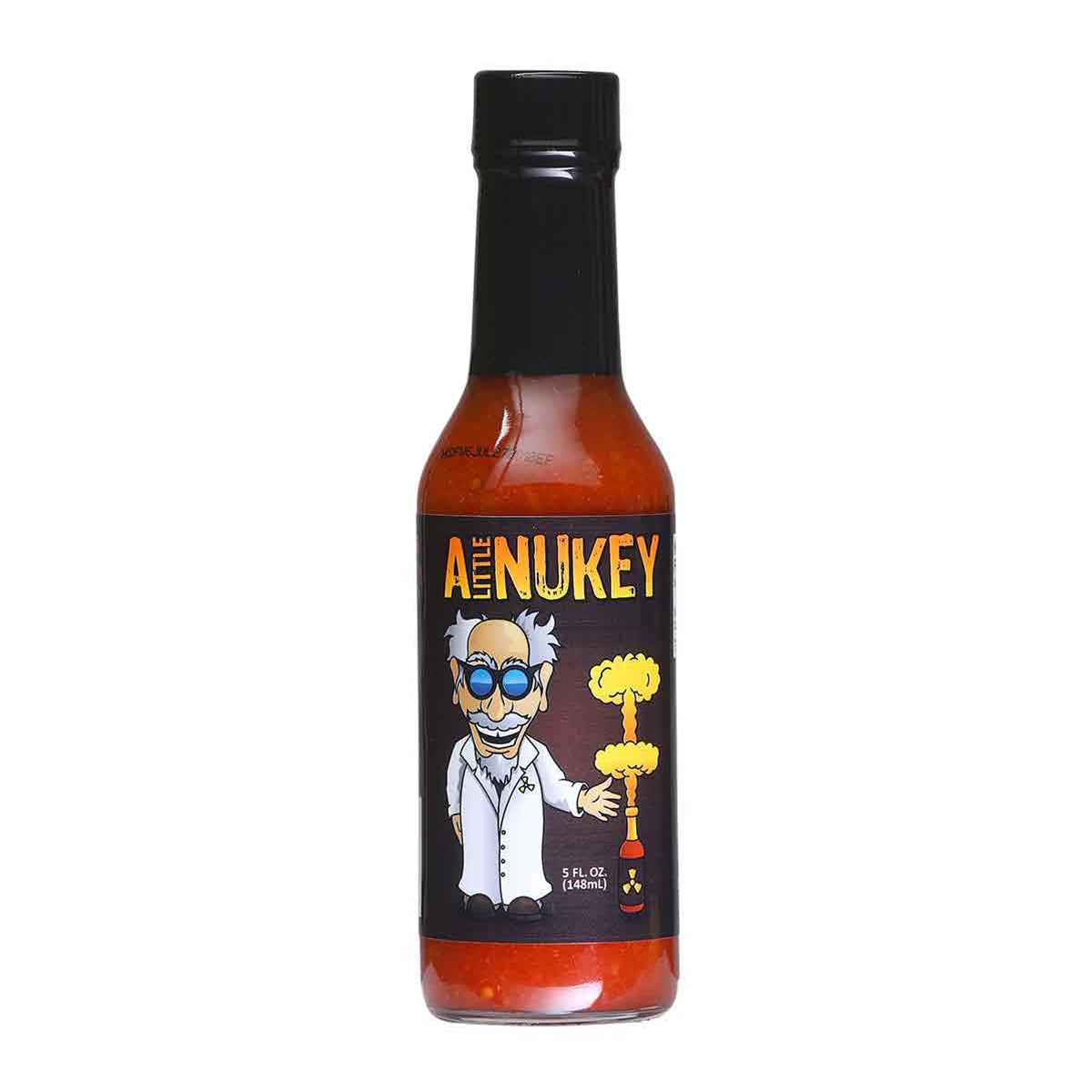 A bottle of A Little Nukey Hot Sauce featuring Caribbean Red Habanero Peppers, tomatoes, onions, and spices, delivering an explosive flavor sensation.