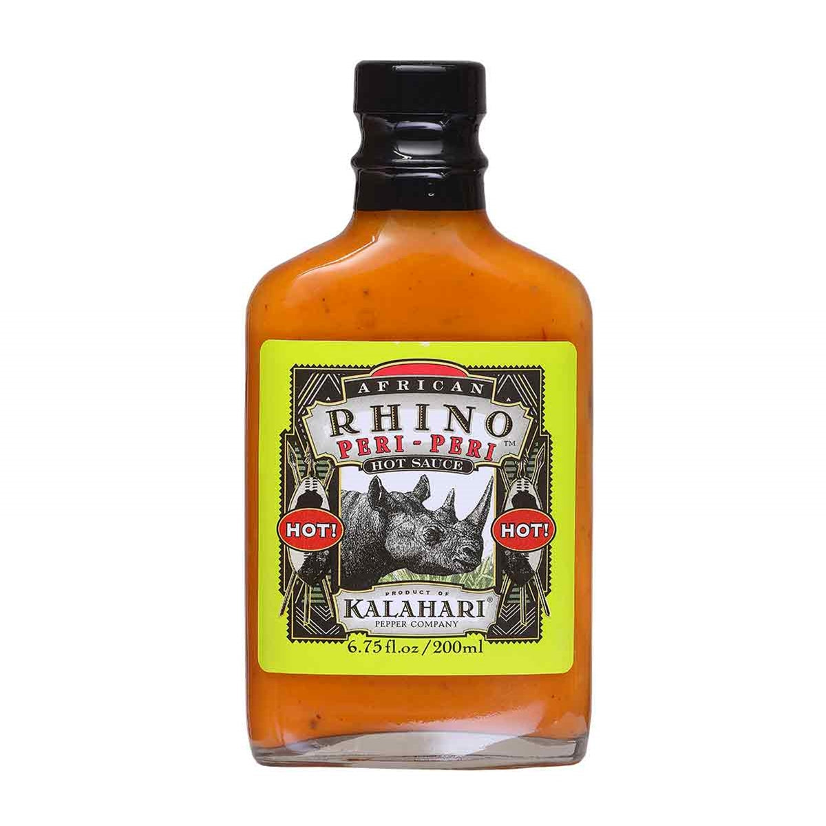 A bottle of African Rhino Peri-Peri Pepper Sauce, featuring the hottest chili pepper in Africa, the peri-peri, with an adventurous African-themed design.