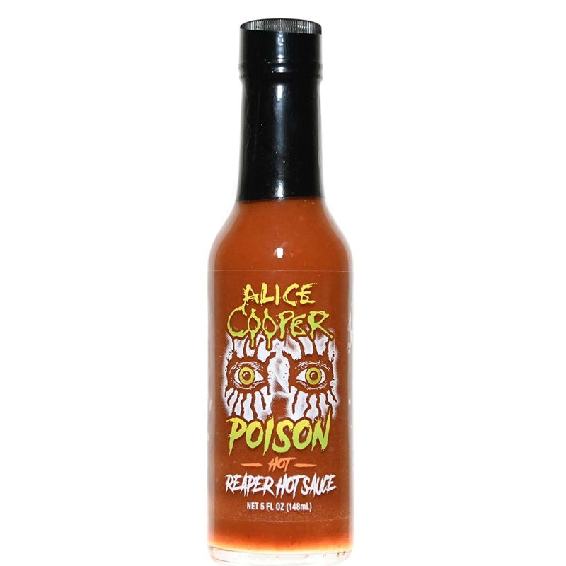 A bottle of Alice Cooper - Poison Reaper Hot Sauce, featuring a red label with flames and a skull wearing a top hat. The label prominently displays the sauce's name, heat rating, and description. The ingredients, UPC code 647293010196, and nutrition facts are also included.