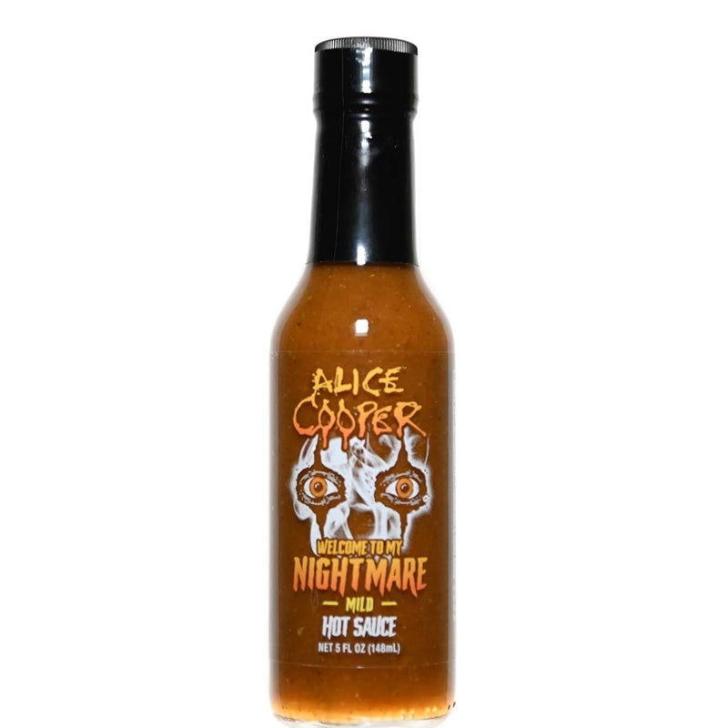 A bottle of Alice Cooper - Welcome To My Nightmare Mild Hot Sauce, featuring a dark and mysterious label. The sauce's name is displayed at the top, followed by a description emphasizing its mild heat level and unique flavor. The ingredients and UPC code 647293010172 are also shown.