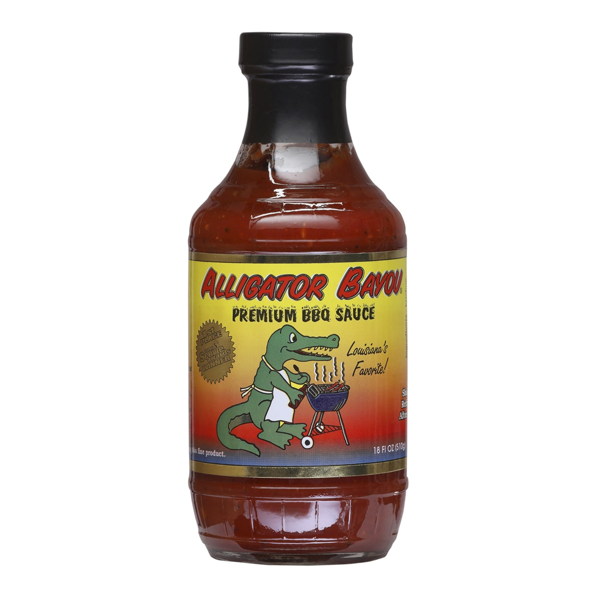 A bottle of Alligator Bayou Premium BBQ Sauce, featuring a bold and smoky flavor with Cajun flair.