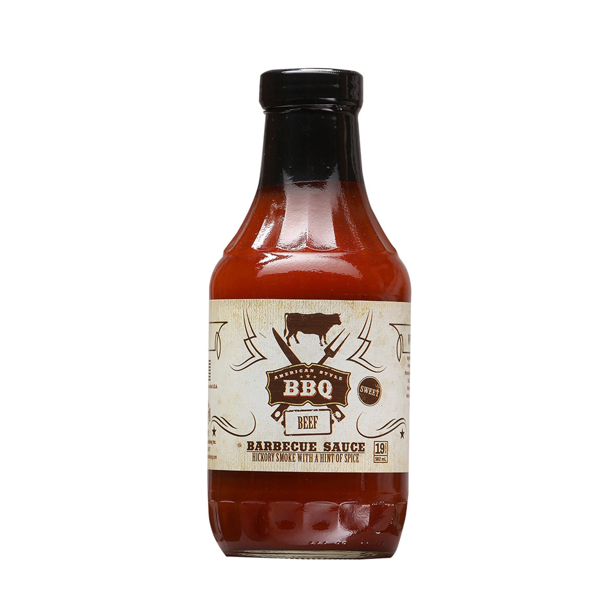 A bottle of American Style BBQ Beef Barbecue Sauce, a gourmet sauce with a perfect blend of flavors for beef lovers.