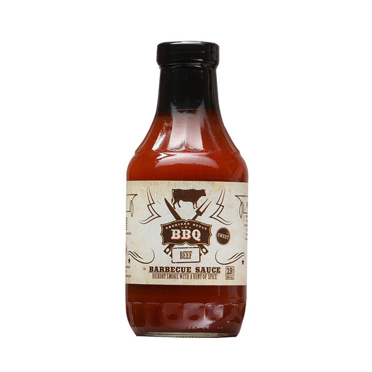 A bottle of American Style BBQ Beef Barbecue Sauce, a gourmet sauce with a perfect blend of flavors for beef lovers.