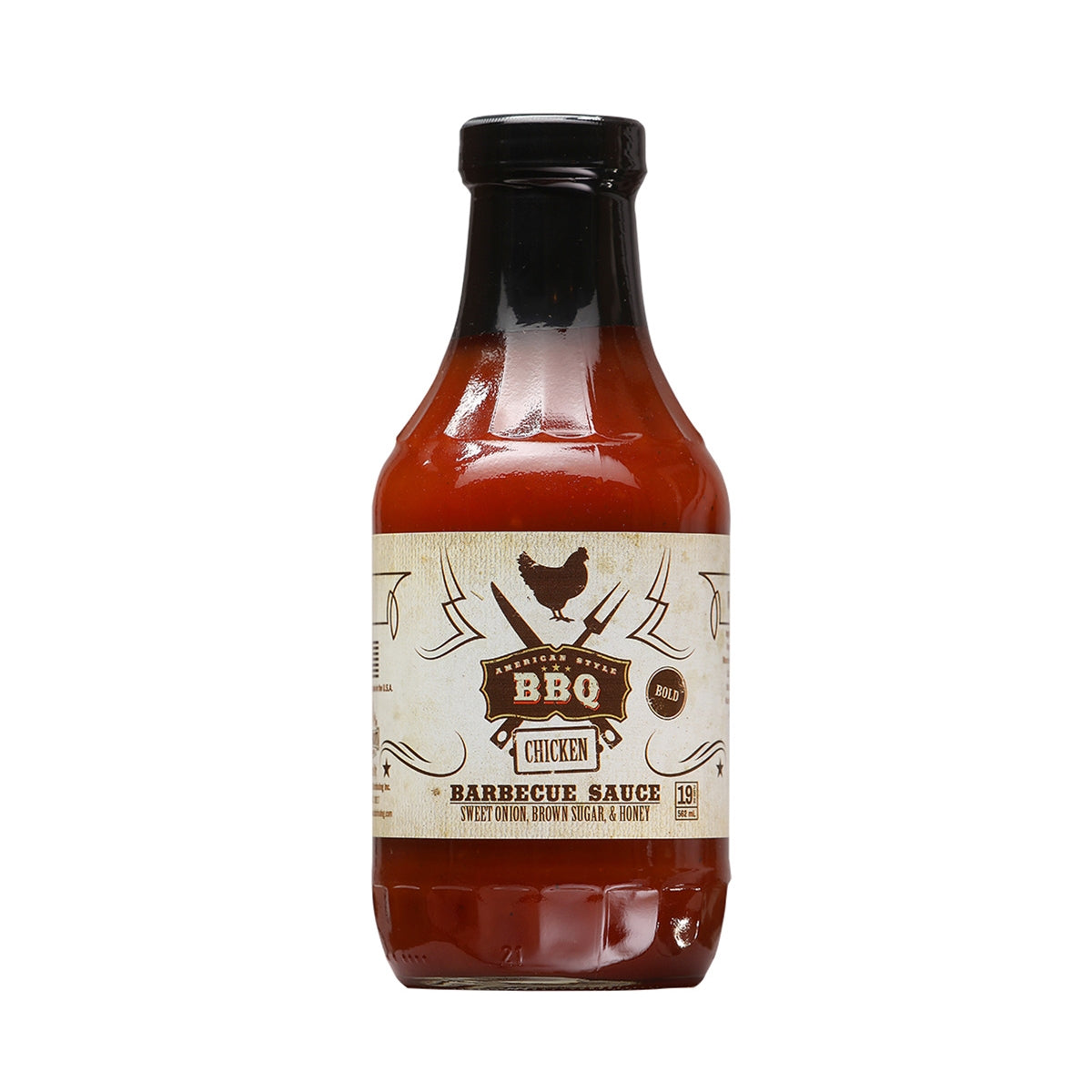 A bottle of American Style BBQ Chicken Barbecue Sauce, a flavorful sauce perfect for enhancing the taste of grilled chicken.