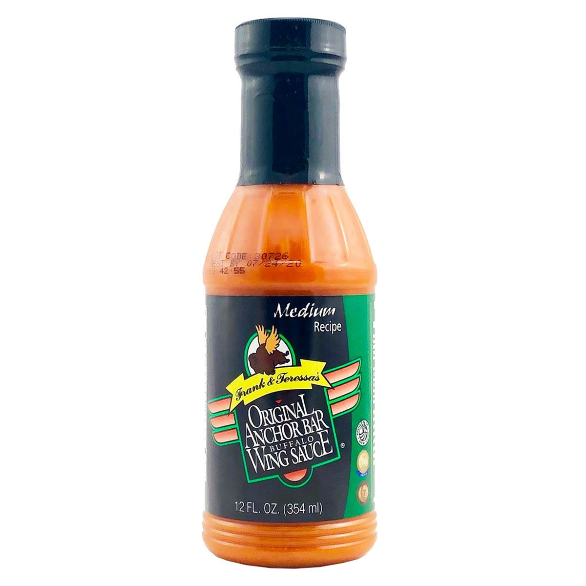 A bottle of Anchor Bar's Original Buffalo Wing Sauce: The ultimate wing perfection. Made with Cayenne Peppers, Distilled Vinegar, Water, Liquid Margarine, Spices, and Garlic. Heat rating: 6. Transform your chicken wings into saucy delights. Shop now at PepperHotSpot.com. UPC: 786278121264.