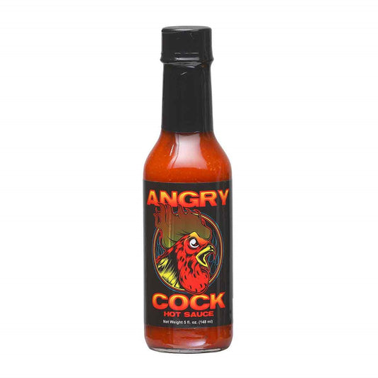 A bottle of CaJohns Angry Cock Hot Sauce: The bold and fiery flavor revolution. Made with Bhut jolokia chiles, vinegar, onion, garlic, black pepper, and more. Heat rating: 10. Get ready for a pepper-packed adventure. Shop now at PepperHotSpot.com. UPC: 647293004560.