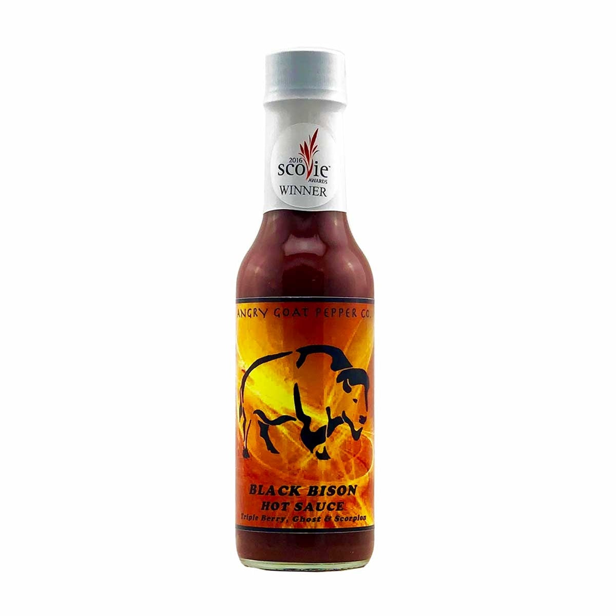 A bottle of Angry Goat Pepper Company - Black Bison Hot Sauce: Unleash the wild beast with this fiery hot sauce. Crafted with a blend of fruit, super hot peppers, and a splash of tequila. Winner of the 2015 NYC Hot Sauce Expo Screaming Mi Mi Award. Handle with caution. Available at PepperHotSpot.com. UPC: 706795003683