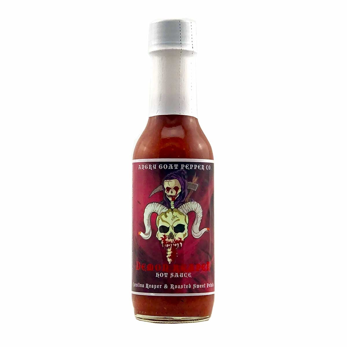 A bottle of Angry Goat Pepper Co. - Demon Reaper Hot Sauce: Experience the ultimate heat with this diabolically delicious sauce. Heat level: 12/10 - XXX HOT. Crafted with Carolina Reaper peppers, roasted sweet potato, and more. Available at PepperHotSpot.com. UPC: 706795003942.