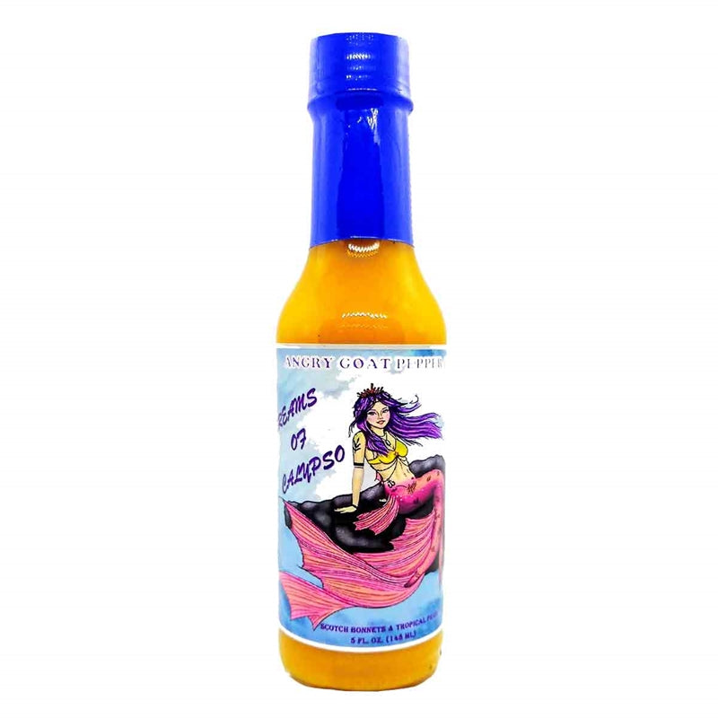 A bottle of Angry Goat Pepper Co. - Dreams of Calypso Hot Sauce: Experience the flavors of the Caribbean with this harmonious blend of tropical fruit and Scotch Bonnet peppers. Heat level: 3/10 - Mild and flavorful. Available at PepperHotSpot.com. UPC: 706795004017.