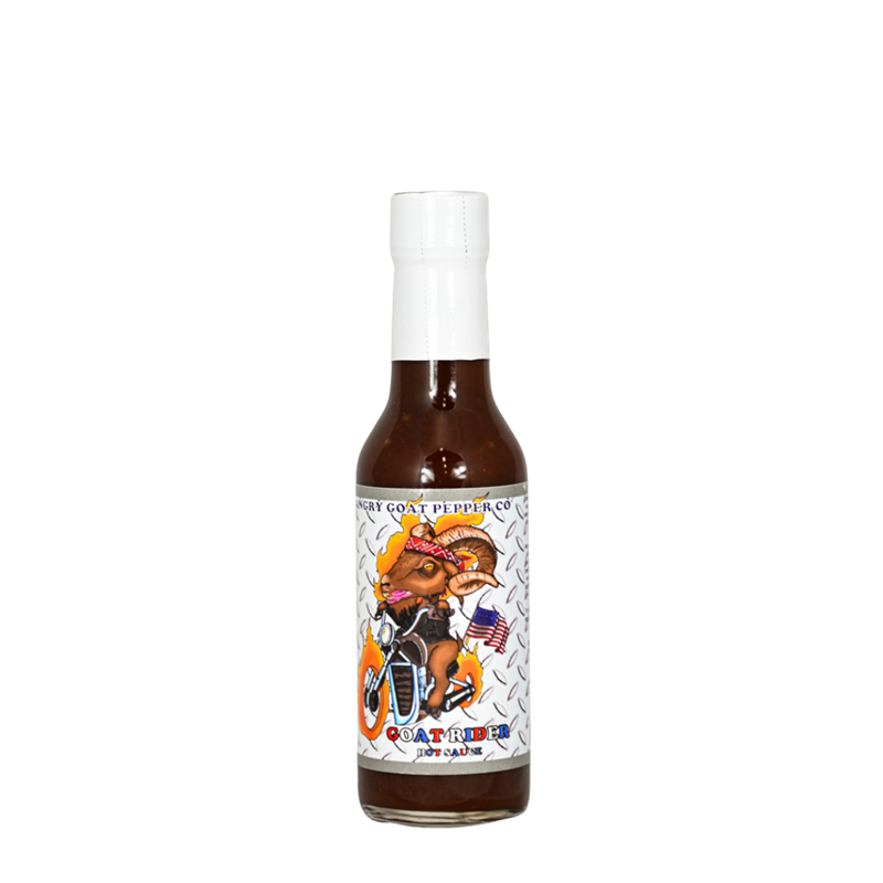 A bottle of Angry Goat Pepper Co. - GOAT RIDER Hot Sauce: Experience the thrill of the open road with this bold and flavorful hot sauce. Heat level: Medium - 5/10. Available at PepperHotSpot.com. UPC: 706795003737.