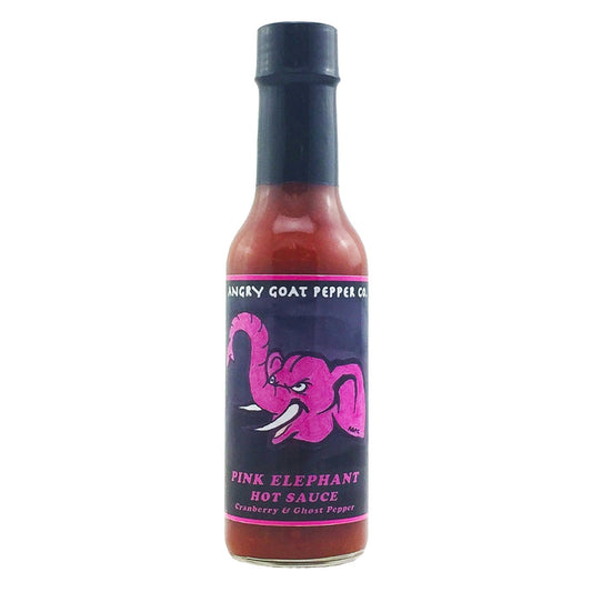  Introducing Angry Goat Pepper Co. - Pink Elephant Hot Sauce: A playful and vibrant blend of cranberries, pure cane sugar, and apple juice with a touch of heat from Bhut Jolokia (Ghost) peppers. Heat level: 6+. Available exclusively at PepperHotSpot.com. UPC: 706795003591.