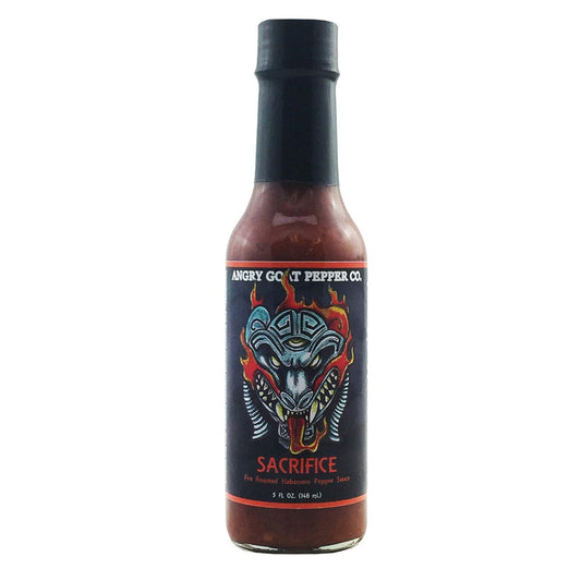 Introducing Angry Goat Pepper Co.'s "Sacrifice" Hot Sauce, a tribute to the Mayans and their love for the fiery Habanero pepper. Heat level: 6/10. Available at PepperHotSpot.com. UPC: 706795003881