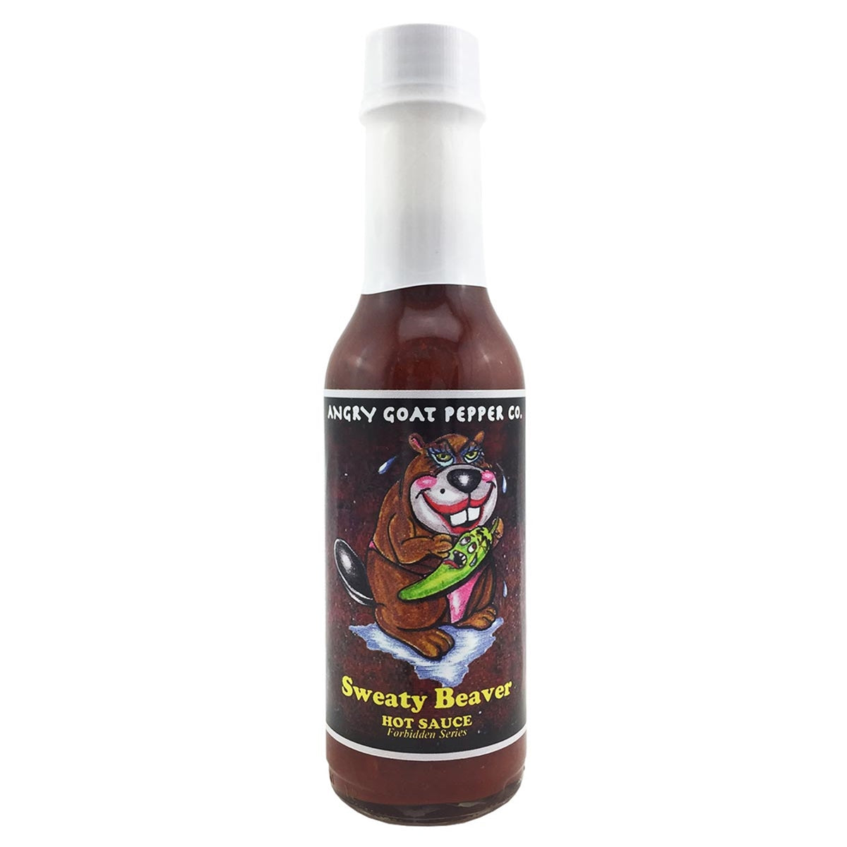 A 5 oz. bottle Angry Goat Pepper Co.'s "Sweaty Beaver" Hot Sauce, a fiery blend of superhot peppers, smoked maple syrup, and spices. Heat level: 8/10. Available at PepperHotSpot.com. UPC: 706795003911