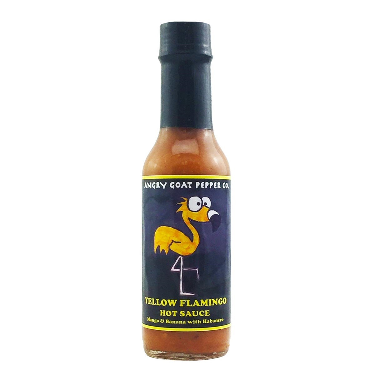 A bottle of Angry Goat Pepper Co. - Yellow Flamingo Hot Sauce, featuring a vibrant and tropical label design with a yellow flamingo in the center. The sauce's name is displayed, along with a description emphasizing its citrusy kick and tropical flavors. The heat level is mentioned as 4 out of 10. The ingredients are listed with emoji representations of mango, chili pepper, and banana. The UPC code is 706795003744