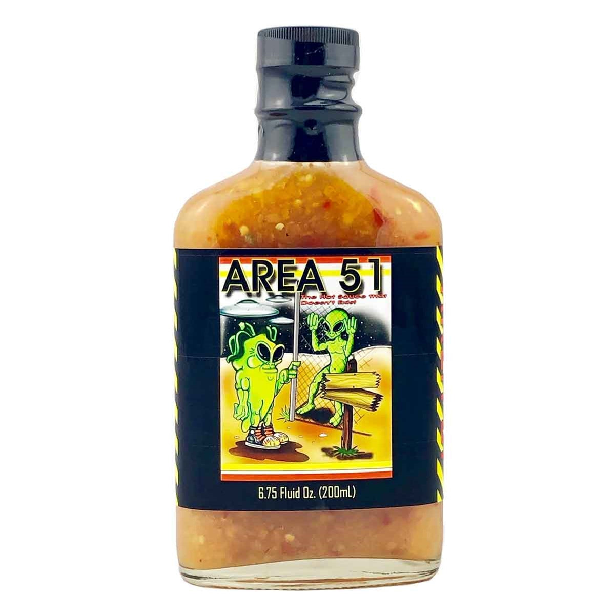 A bottle of Area 51 - The Hot Sauce That Doesn't Exist, featuring a mysterious and futuristic label design with an alien spaceship. The sauce's name is displayed prominently. The description mentions the otherworldly taste adventure and the connection to aliens and Habanero peppers. A cautionary message about devouring a space alien is included. The ingredients are listed with emoji representations of Habanero peppers, onion powder, garlic powder, and salt. The UPC code is 788823471251