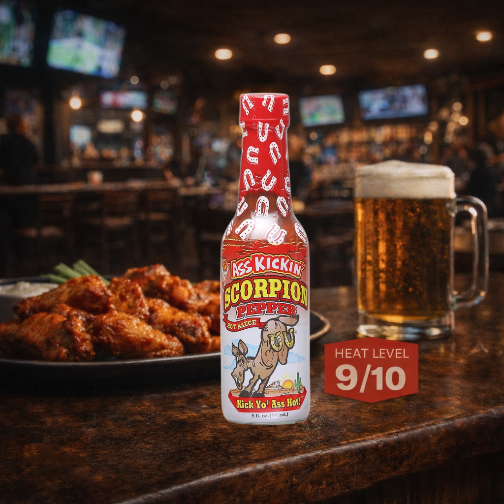 Ass Kickin' Scorpion Pepper Hot Sauce bottle with a plate of wings and a mug of beer on a bar counter.