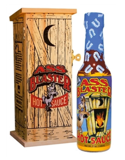 Ass Kickin' Ass Blaster Hot Sauce with Wooden Outhouse hot sauce featuring habanero pepper and capsicum extract in a 5 oz bottle packaged in a collectible wooden outhouse gift box.