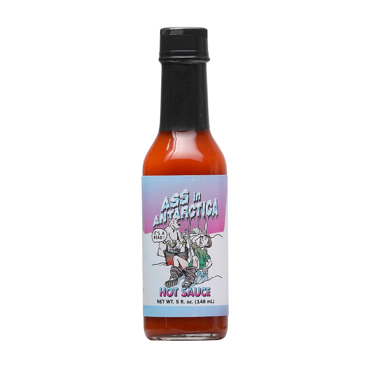 A bottle of Ass in Antarctica Hot Sauce: UnBEARable heat, ASStounding flavor. Experience the ultimate heat adventure at PepperHotSpot.com. UPC: 736924846751.