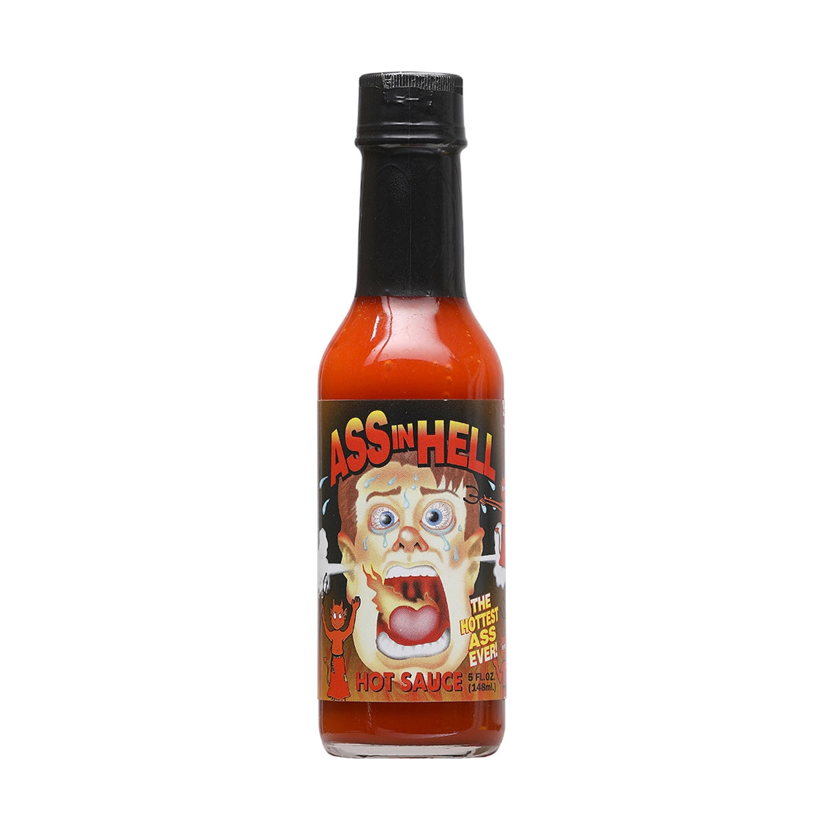 A bottle of Ass in Hell Hot Sauce - The Hottest ASS Sauce Ever! Intense and fiery hot sauce crafted with secret ingredients, including Cayenne Pepper. Get ready for a scorching adventure with this heat level 10 sauce. Are you up for the challenge? Buy now at PepperHotSpot.com. UPC: 736924845754.