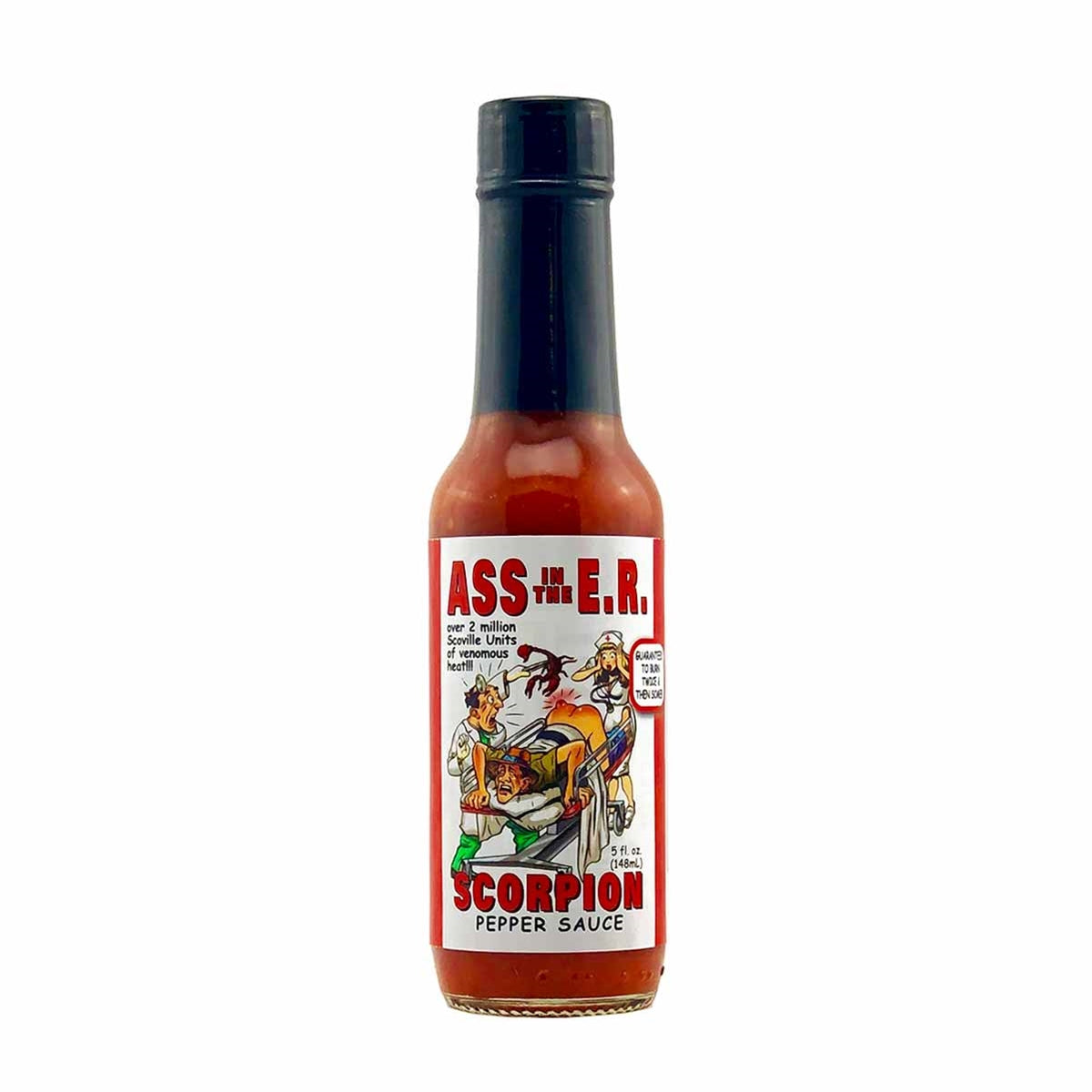 A bottle of Ass in the E.R. Scorpion Pepper Sauce: Caution! This scorching hot sauce, featuring over 2 million Scoville units of the fiery Scorpion pepper, will leave you begging for relief. Made with a fiery combination of heat, carrots, and garlic, it's not for the faint of heart. Experience the intense burn and flavor explosion of this carefully crafted sauce. Buy now at PepperHotSpot.com.