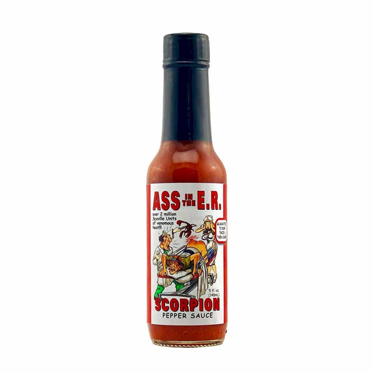 A bottle of Ass in the E.R. Scorpion Pepper Sauce: Caution! This scorching hot sauce, featuring over 2 million Scoville units of the fiery Scorpion pepper, will leave you begging for relief. Made with a fiery combination of heat, carrots, and garlic, it's not for the faint of heart. Experience the intense burn and flavor explosion of this carefully crafted sauce. Buy now at PepperHotSpot.com.