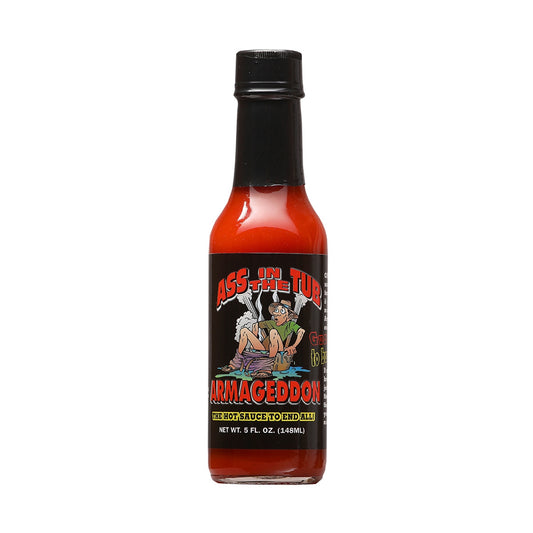 A bottle of Ass in the Tub Special Reserve Armageddon Hot Sauce: Unleash the fiery power of this legendary hot sauce. Available exclusively at PepperHotSpot.com. UPC: 736924020434.