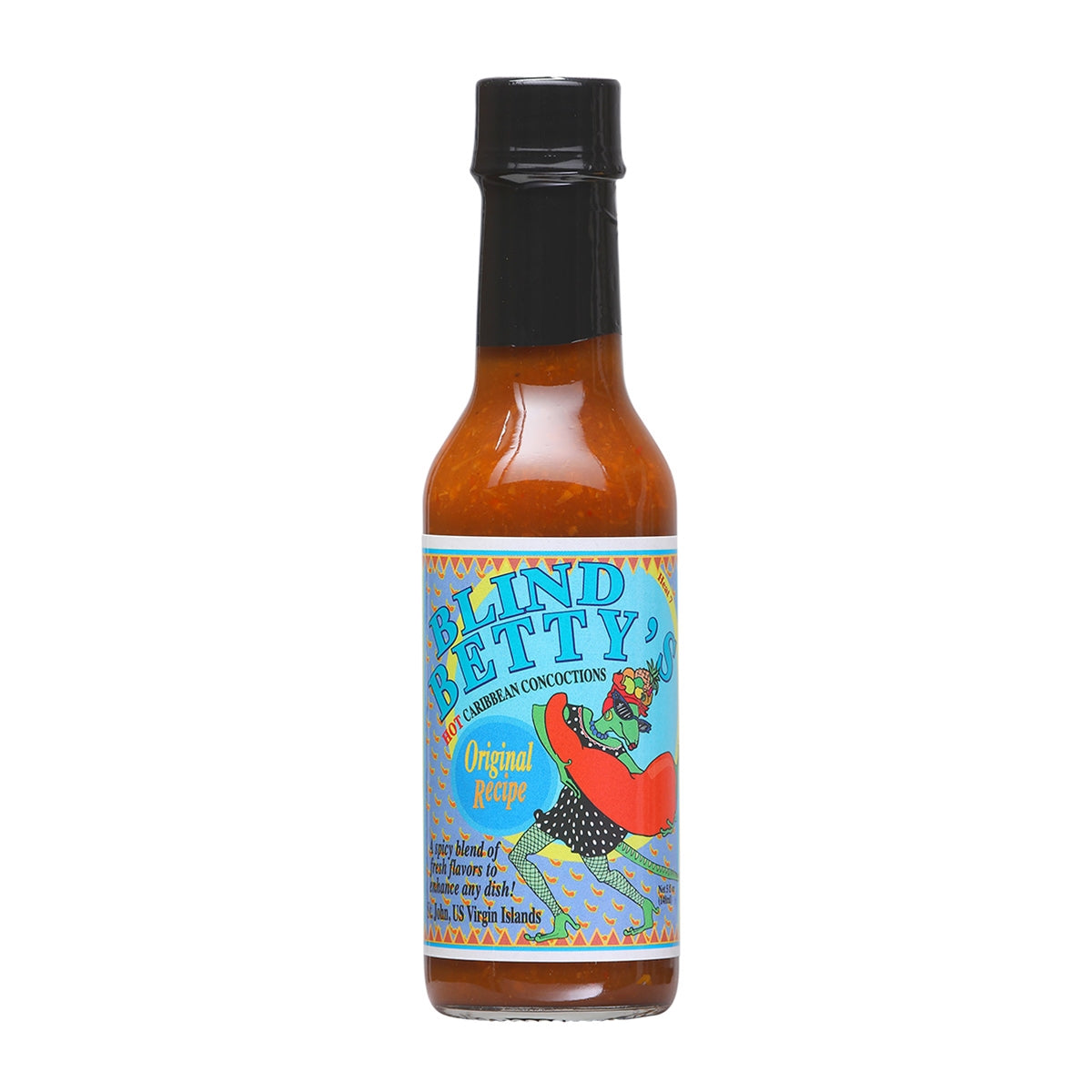 A bottle of Blind Betty's Original Hot Sauce, featuring a vibrant label with chili pepper imagery and the text 'Blind Betty's Original Hot Sauce - The Sauce That Wins Awards and Hearts!' The background evokes a Caribbean theme, suggesting a tropical vacation for the taste buds. UPC: 830139000011