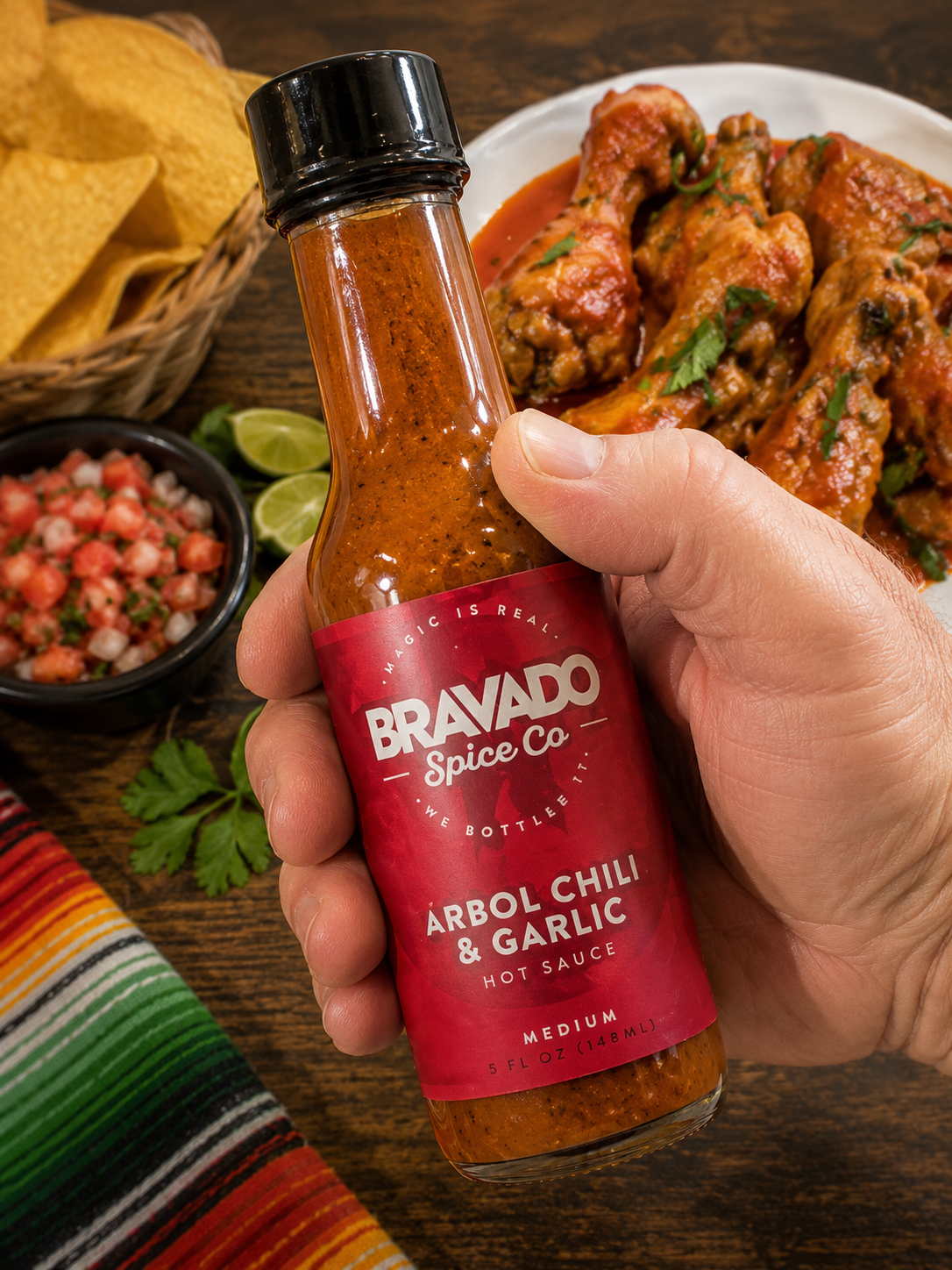 A hand holds a bottle of Bravado Spice Co. Arbol Chili & Garlic hot sauce over a rustic wooden table with food props including tortillas, lime, salsa, and chicken wings.