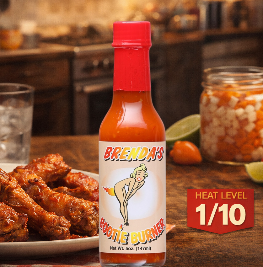 Bottle of Brenda's Boogie Burner hot sauce with wings and a glass of water on a table.
