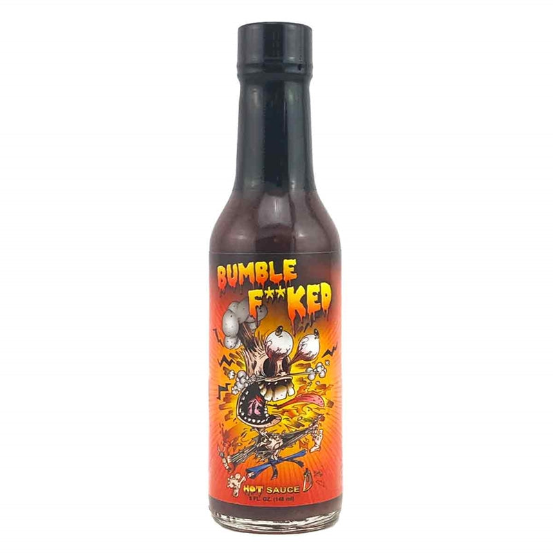 A bottle of Bumblefoot's Bumble F**ked Hot Sauce, featuring a bold and edgy label design. The sauce's name is displayed prominently. The description highlights the intense heat and chaotic experience it brings. The ingredients are listed. The heat level and bottle size are mentioned, along with the UPC code 653581300030