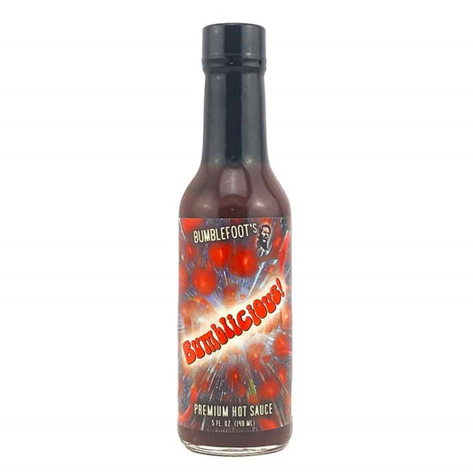 A bottle of Bumblefoot's Bumblicious Hot Sauce, featuring a vibrant label design. The sauce's name is displayed prominently. The description emphasizes the flavorful and delightful experience it offers. The ingredients are listed. The heat level, bottle size, and UPC code 653581300023