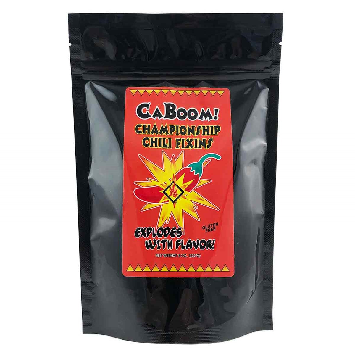 An 8oz bag of CaBoom Championship Chili Fixins - A fiery blend of chili spices and rice flour, perfect for elevating chili and other dishes. Gluten-free and versatile, it guarantees a flavorful adventure in your culinary creations . UPC: 647293002276.