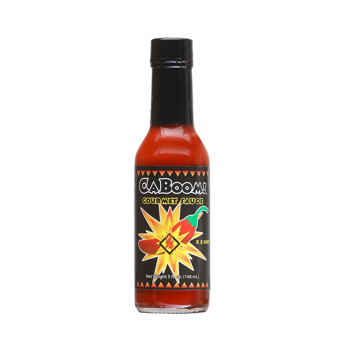 A bottle of CaBoom! Gourmet Hot Sauce with a gourmet-themed label featuring an illustration of a chef's hat and the text "CaBoom! Gourmet Hot Sauce: Where Fiery Flavor Meets Gourmet Magic! UPC: 647293002290